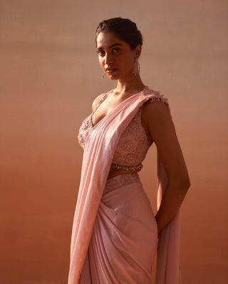 Rose Pink Draped Sari And Blouse by Nitika Gujral, available on Indiaspopup.com