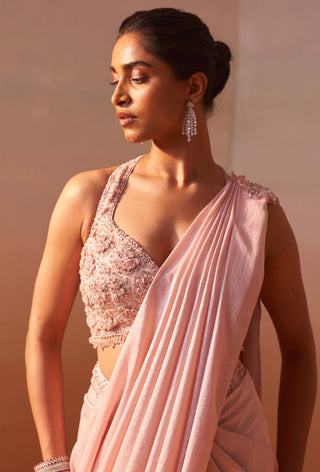 Rose Pink Draped Sari And Blouse by Nitika Gujral, available on Indiaspopup.com