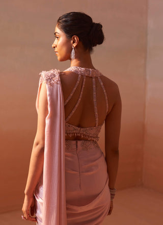 Rose Pink Draped Sari And Blouse by Nitika Gujral, available on Indiaspopup.com