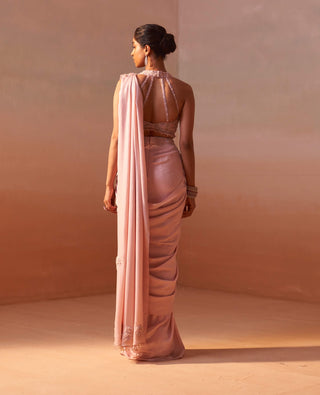 Rose Pink Draped Sari And Blouse by Nitika Gujral, available on Indiaspopup.com