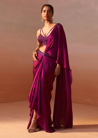 Purple Draped Sari And Blouse by Nitika Gujral, available on Indiaspopup.com