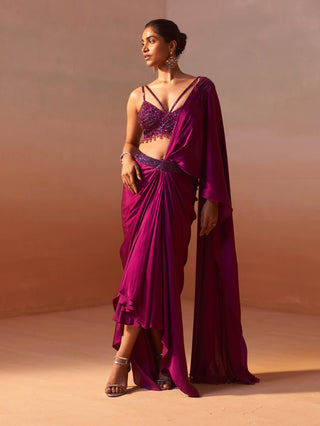 Purple Draped Sari And Blouse by Nitika Gujral, available on Indiaspopup.com