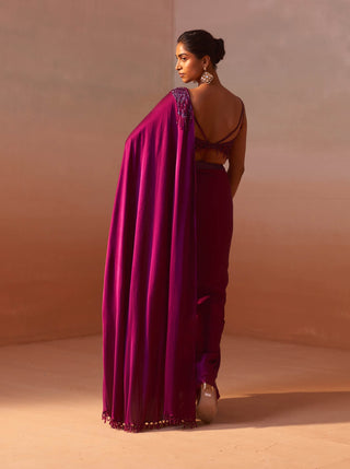 Purple Draped Sari And Blouse by Nitika Gujral, available on Indiaspopup.com