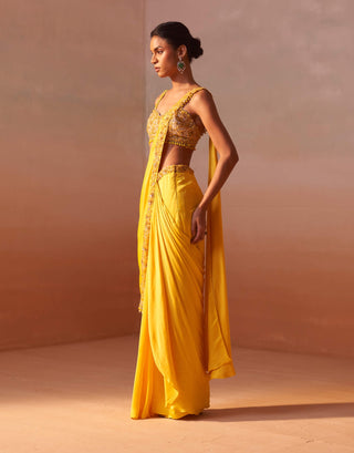 Yellow draped sari and nude choli