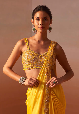 Yellow draped sari and nude choli