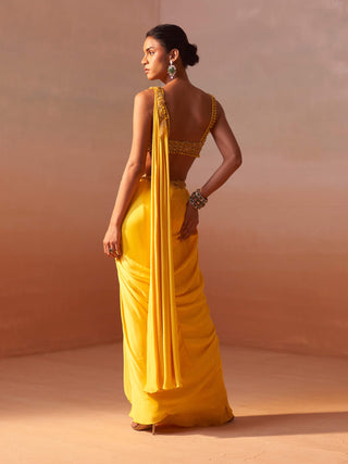 Yellow draped sari and nude choli