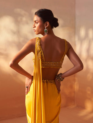 Yellow draped sari and nude choli