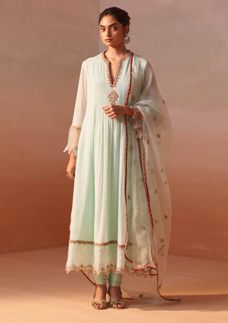 Aqua Green Anarkali Suit Set by Nitika Gujral, available on Indiaspopup.com