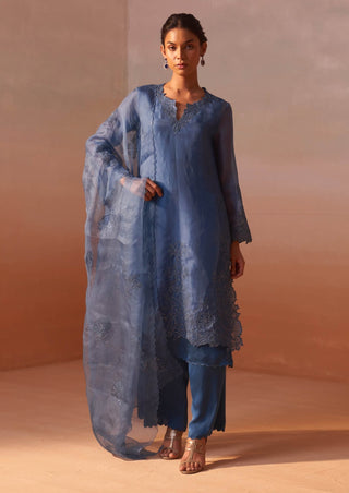 Mid Blue Organza Kurta And Palazzo Set by Nitika Gujral, available on Indiaspopup.com