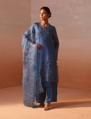 Mid Blue Organza Kurta And Palazzo Set by Nitika Gujral, available on Indiaspopup.com