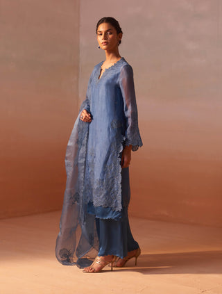 Mid Blue Organza Kurta And Palazzo Set by Nitika Gujral, available on Indiaspopup.com