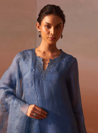 Mid Blue Organza Kurta And Palazzo Set by Nitika Gujral, available on Indiaspopup.com