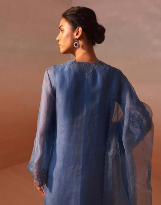 Mid Blue Organza Kurta And Palazzo Set by Nitika Gujral, available on Indiaspopup.com