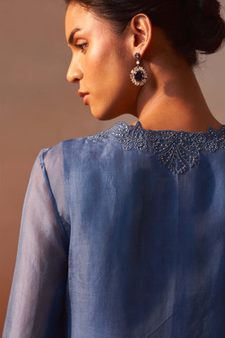 Mid Blue Organza Kurta And Palazzo Set by Nitika Gujral, available on Indiaspopup.com