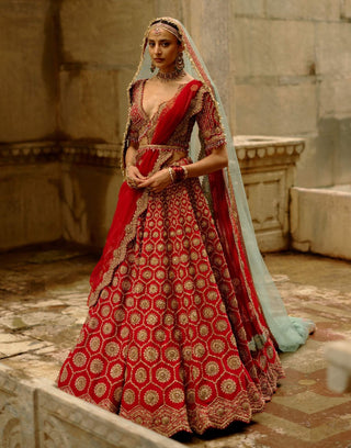 Red hexagon raw silk lehenga set