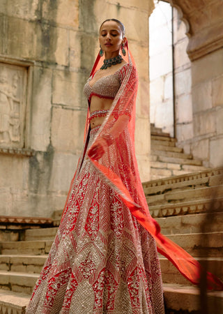 Silver work red lehenga set