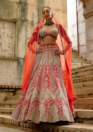 Silver work red lehenga set