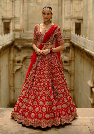 Red hexagon raw silk lehenga set