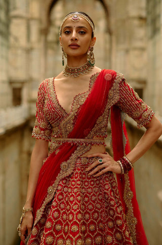 Red hexagon raw silk lehenga set
