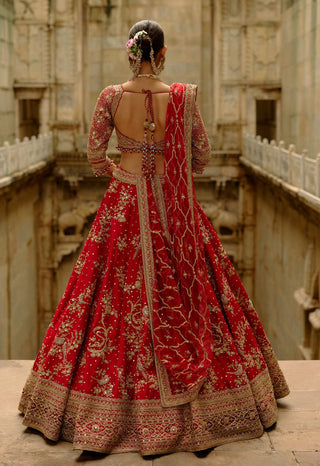 Red raw silk multi-bead work lehenga set