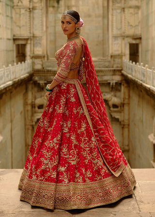 Red raw silk multi-bead work lehenga set