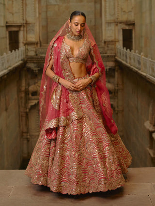 Rust mirror work lehenga set