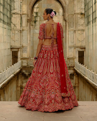Red raw silk multi-resham embroidery lehenga set