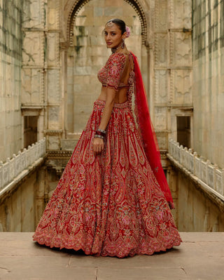 Red raw silk multi-resham embroidery lehenga set