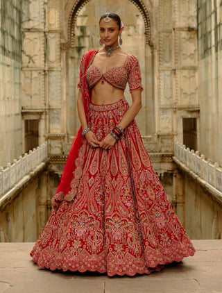 Red raw silk multi-resham embroidery lehenga set