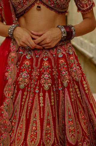 Red raw silk multi-resham embroidery lehenga set
