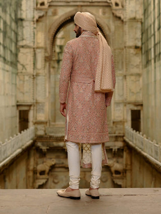 Pink salmon matka sherwani with beige kurta churidar set