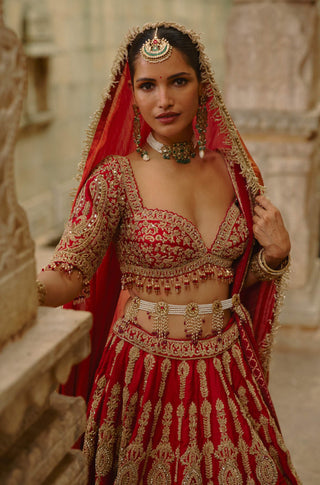 Red dori work lehenga set