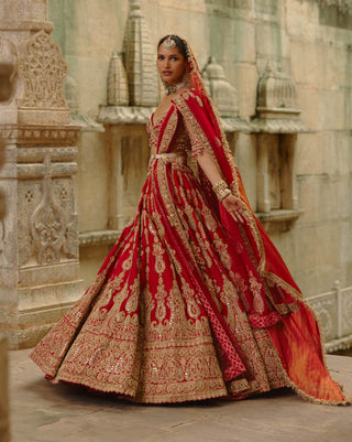 Red dori work lehenga set