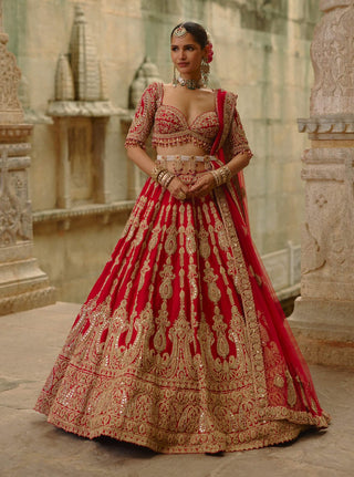 Red dori work lehenga set