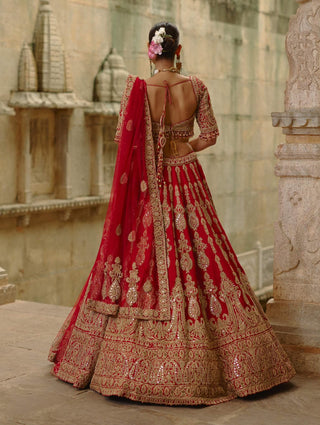 Red dori work lehenga set