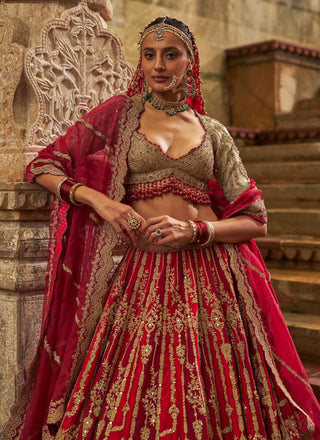 Red maroon raw silk lehenga set