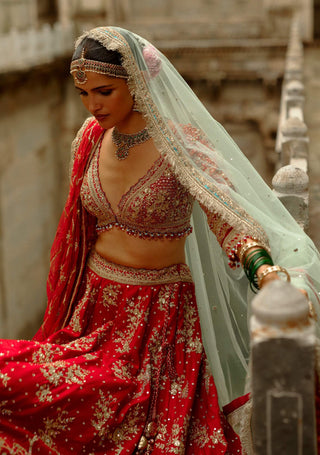 Red raw silk multi-bead work lehenga set