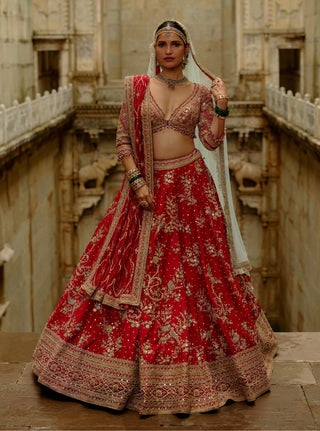 Red raw silk multi-bead work lehenga set