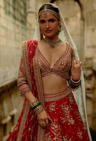 Red raw silk multi-bead work lehenga set