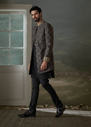 Histori By Amit Gujral Black & Beige Printed Achkan And Kurta Set available on indiaspopup