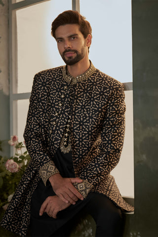 Histori By Amit Gujral Black & Beige Printed Achkan And Kurta Set available on indiaspopup