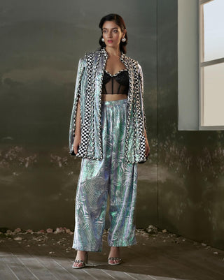 Nitika Gujral Blue Metallic Jacket And Trouser Set available on indiaspopup