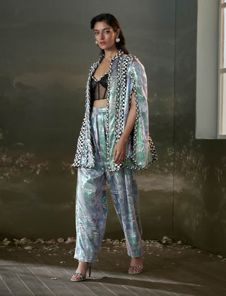 Nitika Gujral Blue Metallic Jacket And Trouser Set available on indiaspopup