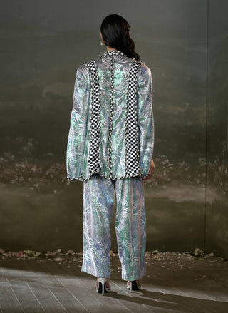 Blue metallic jacket and trouser set