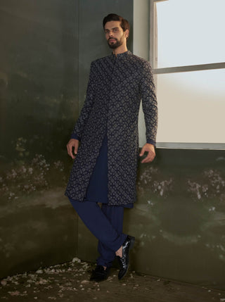 Navy blue embroidered sherwani set