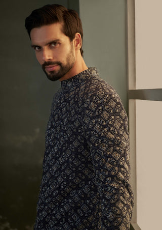 Navy blue embroidered sherwani set