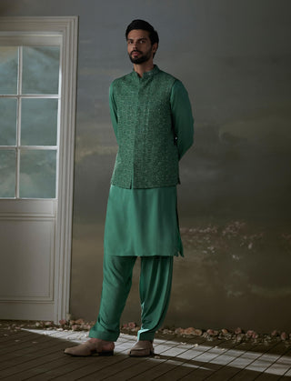 Histori By Amit Gujral Forest Green Embroidered Bundi And Kurta Set available on indiaspopup