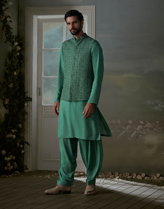 Histori By Amit Gujral Forest Green Embroidered Bundi And Kurta Set available on indiaspopup