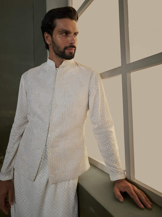 Histori By Amit Gujral Ivory Georgette Kurta And Nehru Jacket Set available on indiaspopup