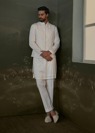 Histori By Amit Gujral Ivory Georgette Kurta And Nehru Jacket Set available on indiaspopup